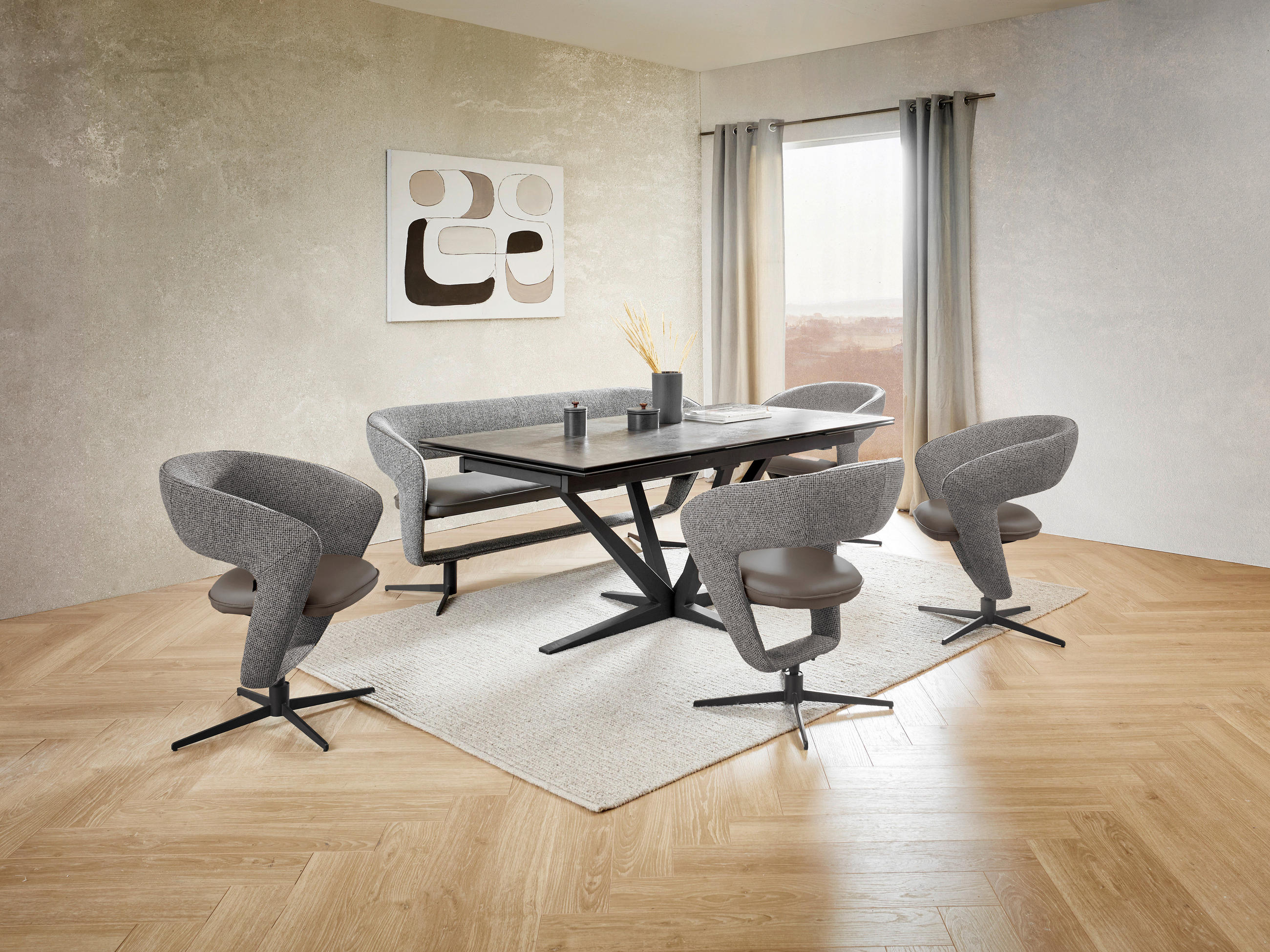 Thumbnail - Novel Esstisch, Schwarz, Bronze, Metall, Glas, Keramik, rechteckig, eckig, Sternfuß, 95x76x180-280 cm, ausziehbar, Esszi...