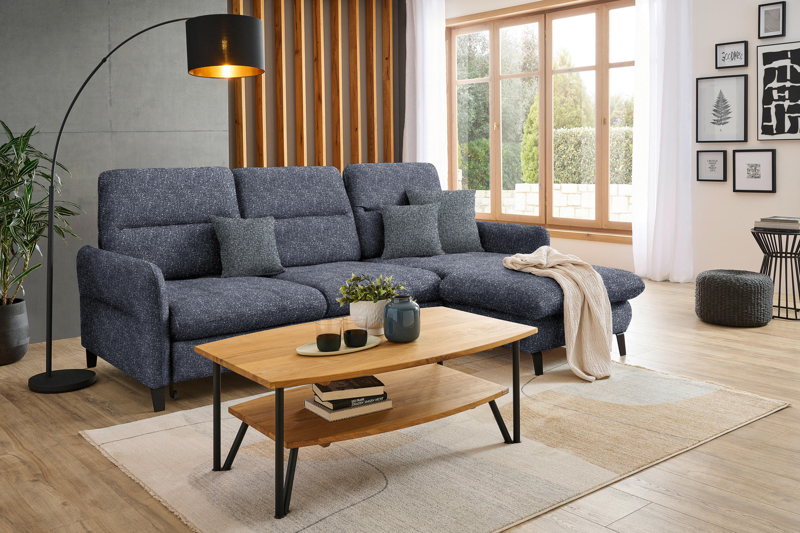 ECKSOFA Dunkelblau Plüsch  - Schwarz/Dunkelblau, KONVENTIONELL, Textil/Metall (254/190cm) - Livetastic