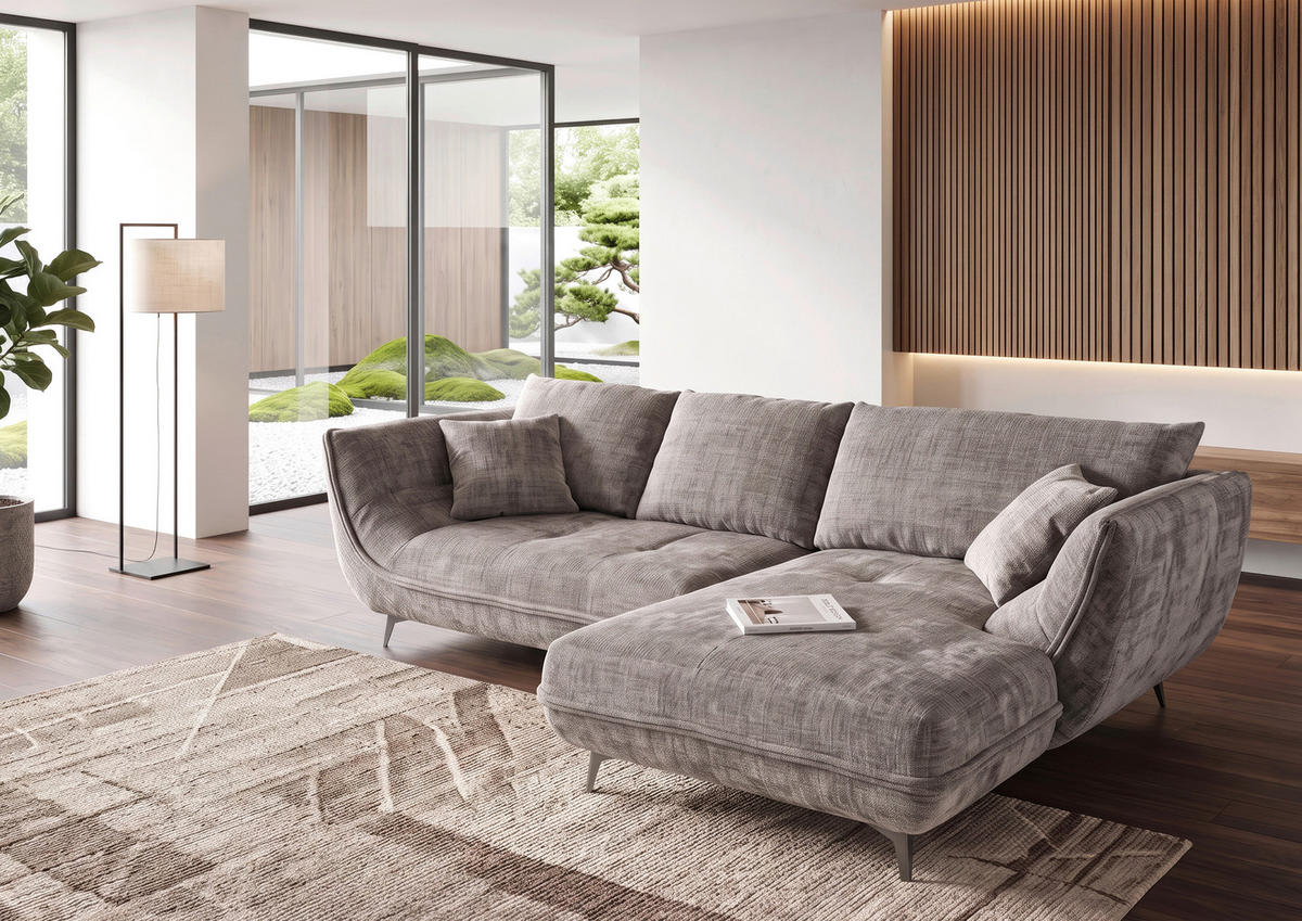 ECKSOFA Lavos Graubraun Chenille Zierkissen, Rückenkissen, Rücken echt  - Graubraun/Schwarz, Design, Textil/Metall (296/185cm) - Lomoco