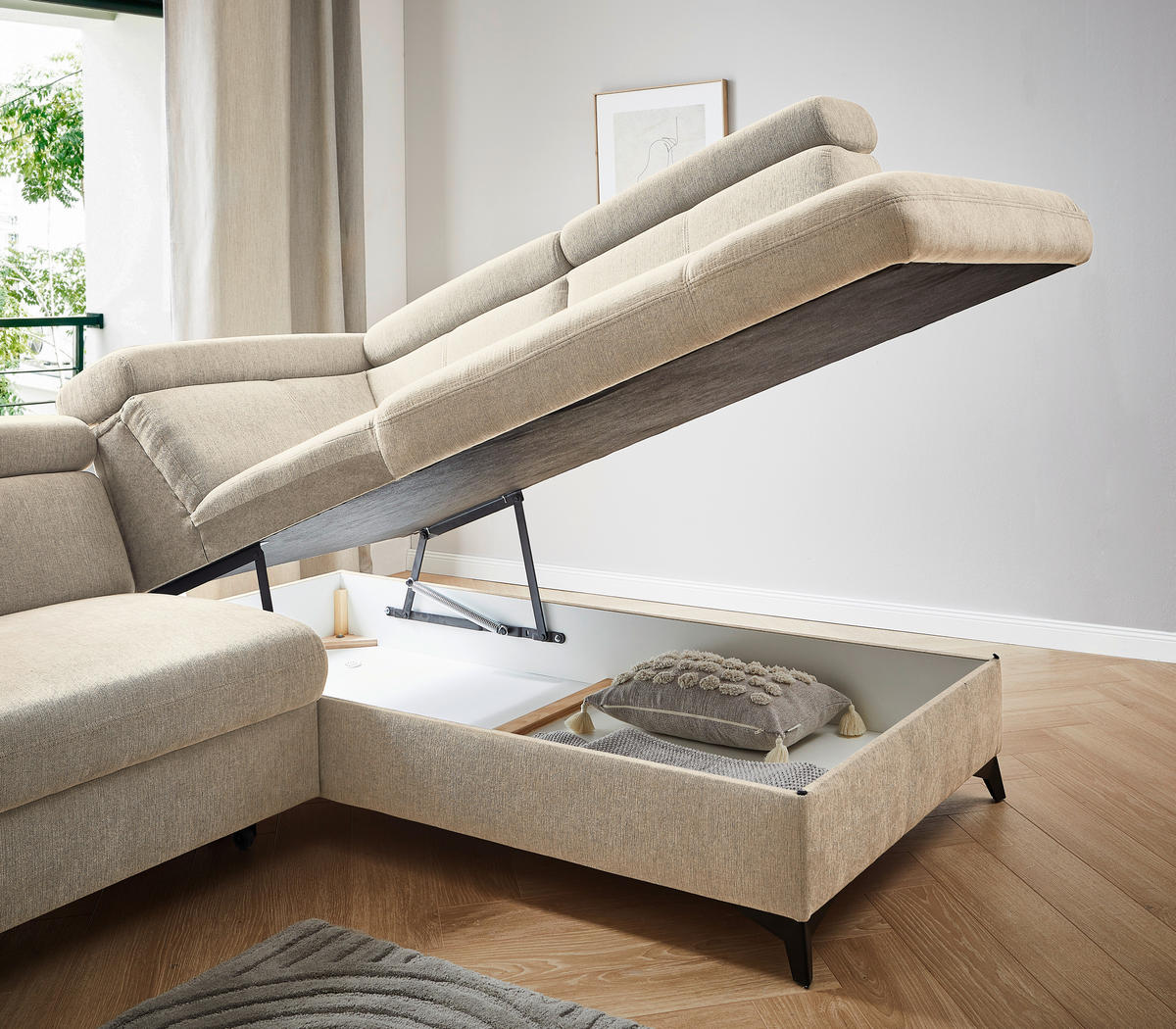 Ecksofa inkl. Funktionen in Chenille Naturfarben  - Schwarz/Naturfarben, Design, Textil/Metall (260/203cm) - Stylife