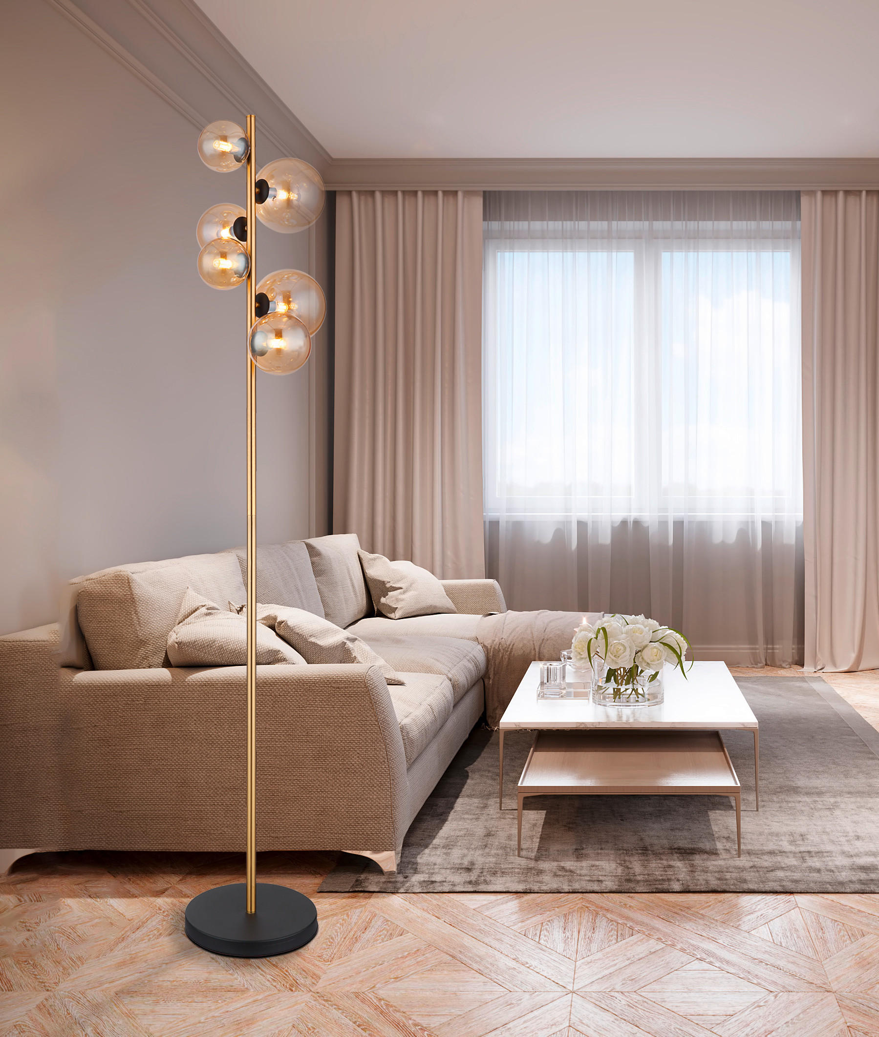 LED-STEHLEUCHTE - Messingfarben/Bernsteinfarben, Design, Glas/Metall (28,5/26,5/155cm) - Globo