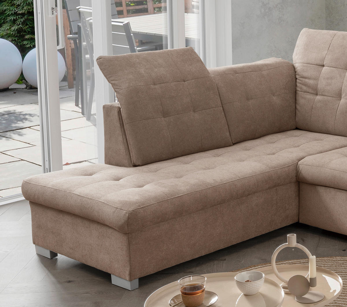 WOHNLANDSCHAFT in Chenille Hellbraun  - Chromfarben/Hellbraun, MODERN, Kunststoff/Textil (212/330/169cm) - Livetastic
