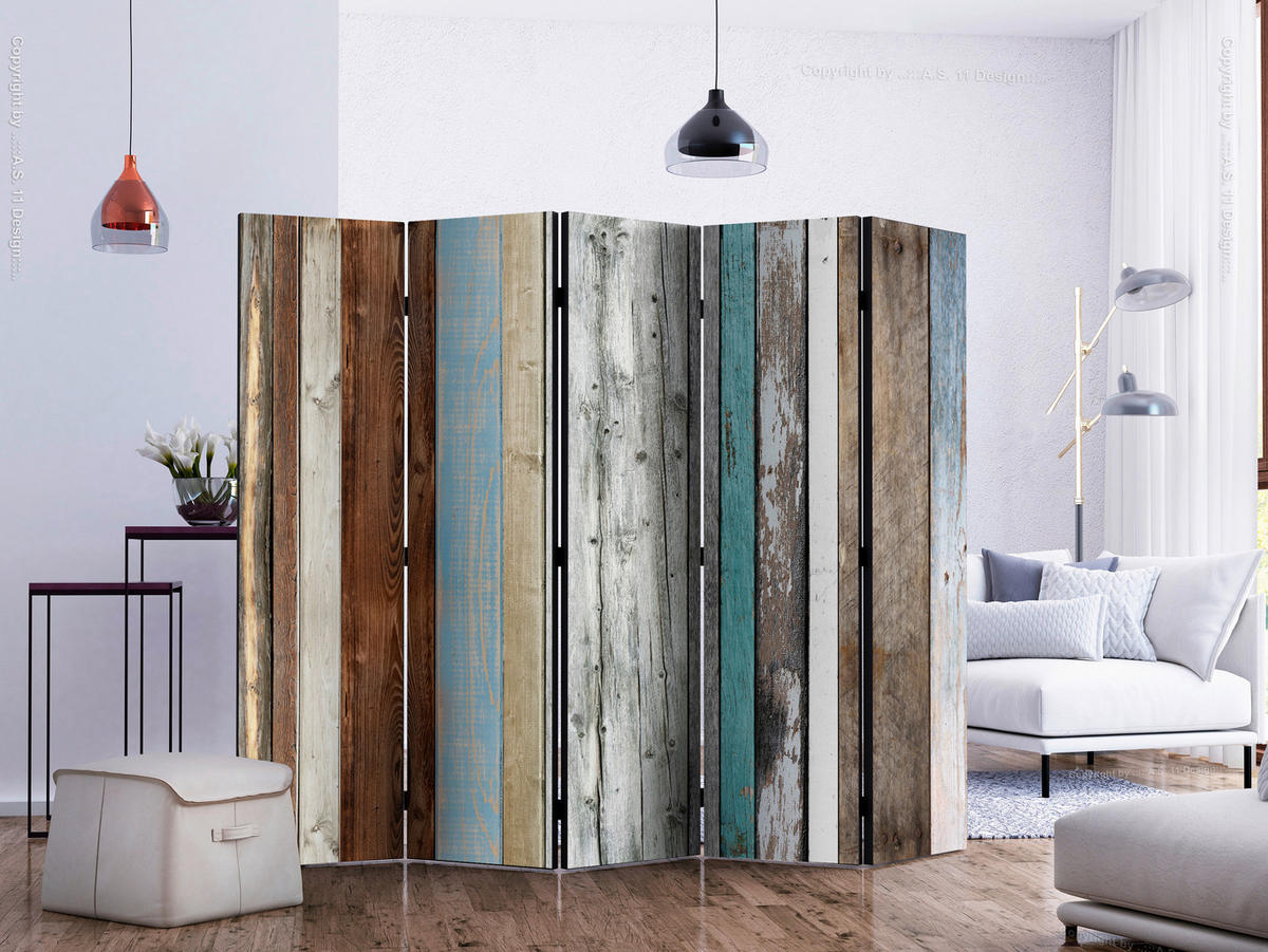 PARAVENT mit 5  Flügel - Türkis/Hellbraun, Basics, Holz/Textil (225/172/3cm) - artgeist
