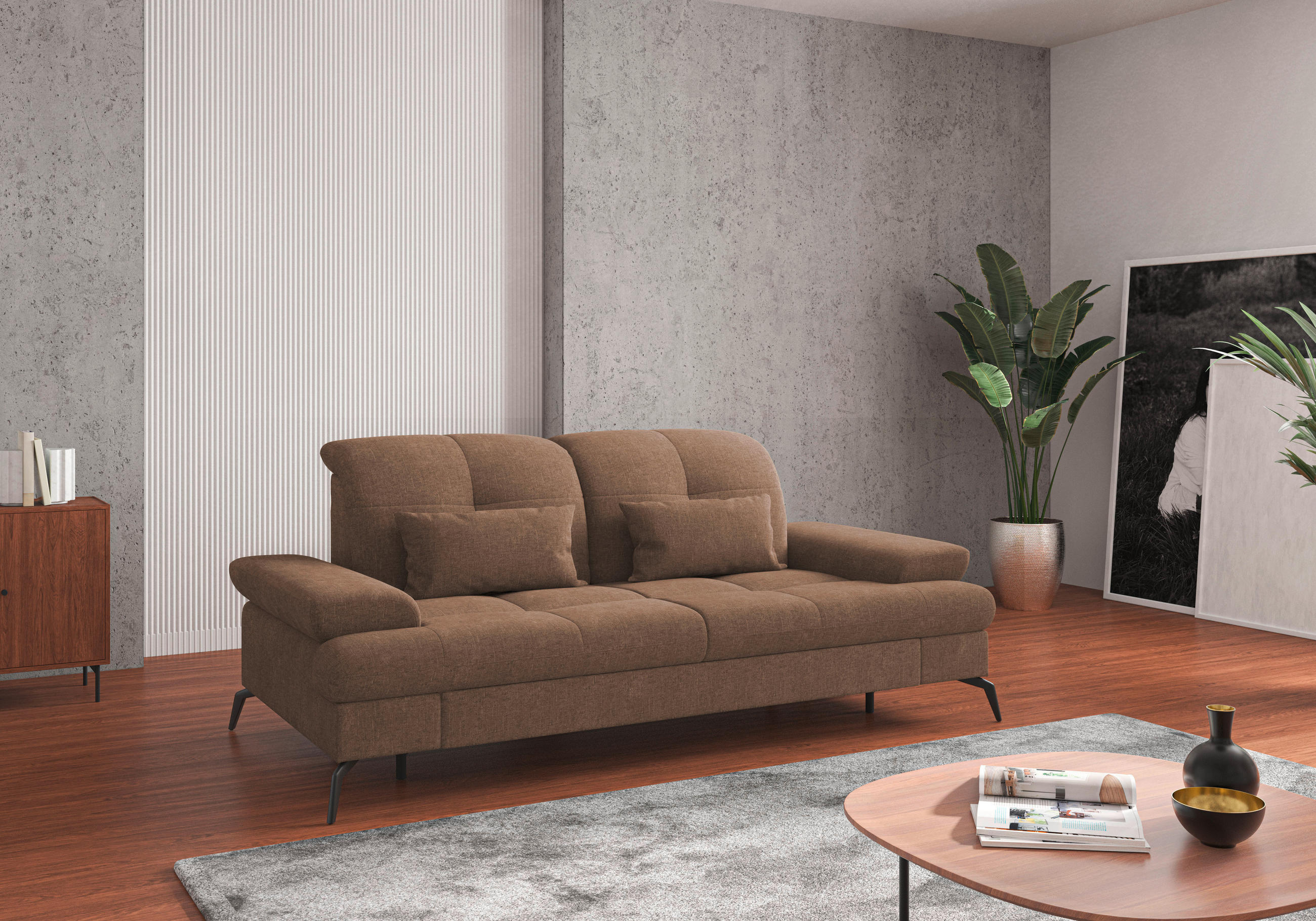3-SITZER-SOFA in Flachgewebe Hellbraun  - Hellbraun/Schwarz, KONVENTIONELL, Textil/Metall (212/90/122cm) - Sit & More