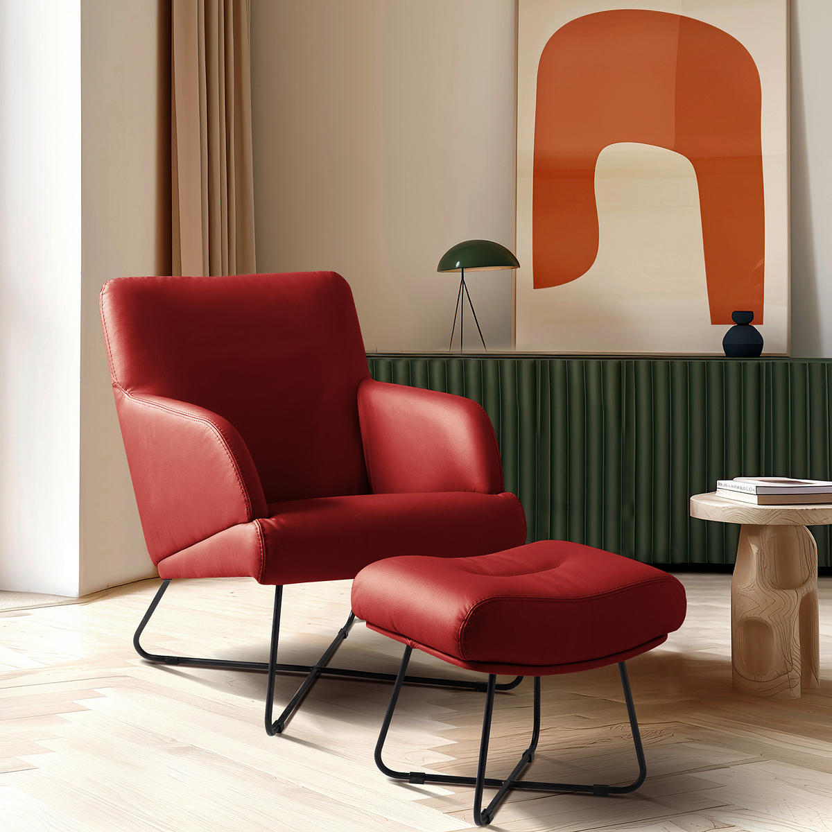 SESSELSET Echtleder Hocker    - Rot/Schwarz, Design, Leder/Metall (67/87/74cm) - Livetastic