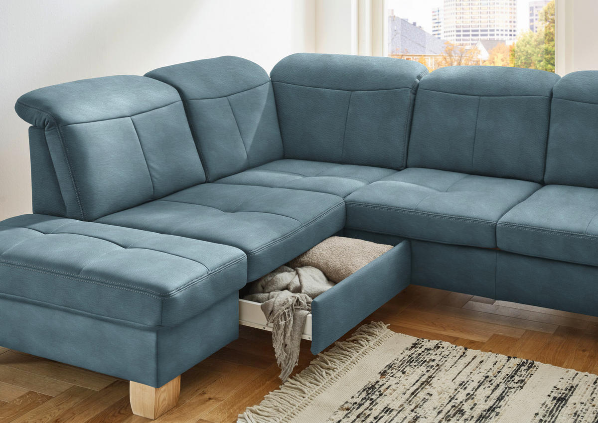 WOHNLANDSCHAFT in Mikrofaser Hellblau  - Wildeiche/Beige, Konventionell, Holz/Textil (243/343/185cm) - Voleo