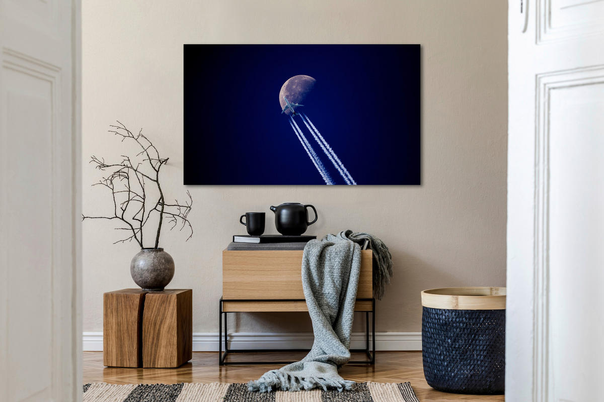 ALUMINIUMBILD Nacht, Mond, Flugzeug 118/70 cm  - Blau/Schwarz, Design, Kunststoff/Metall (118/70cm)
