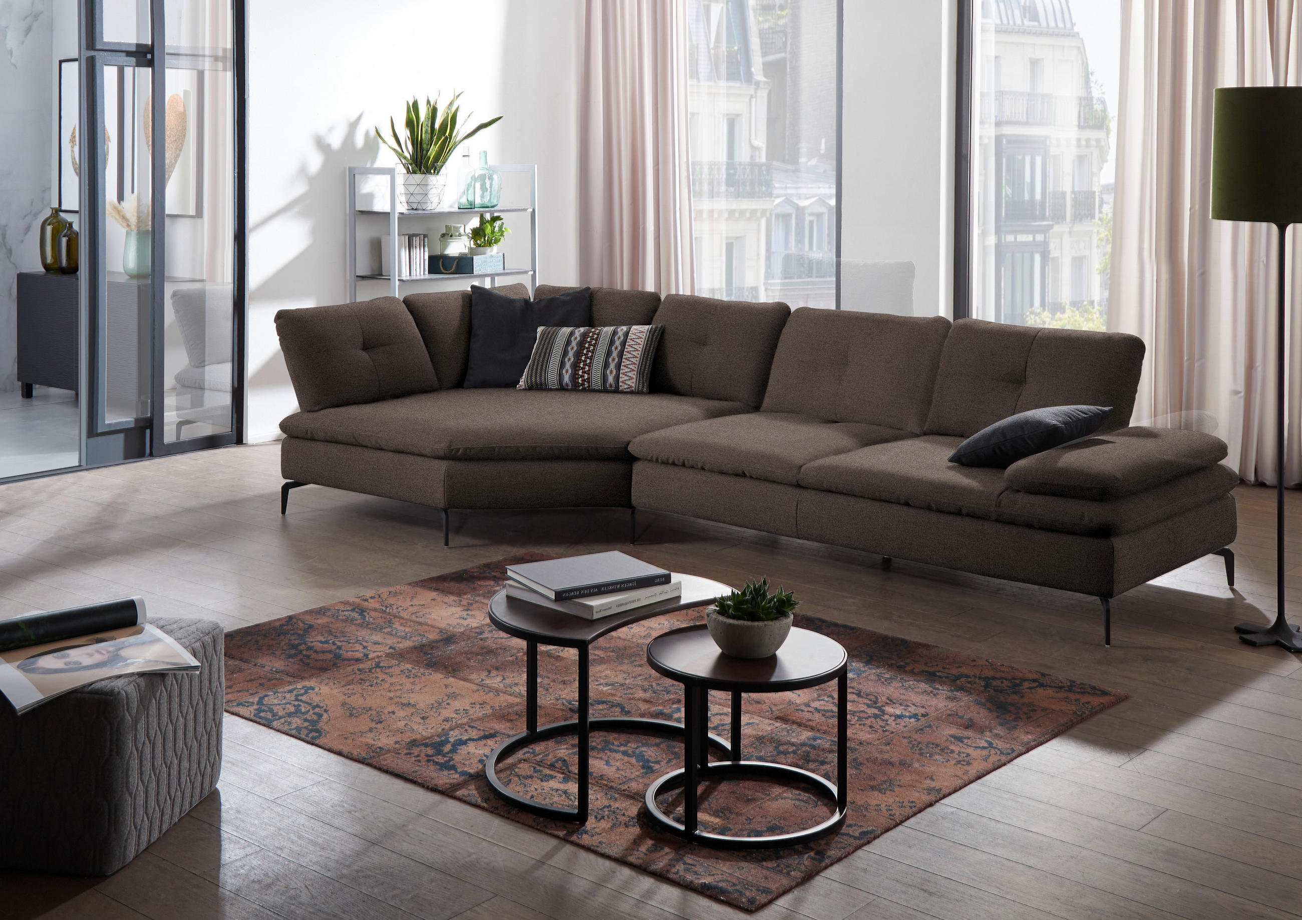 ECKSOFA in Flachgewebe Dunkelbraun  - Dunkelbraun/Schwarz, Design, Textil/Metall (157/344cm) - Chilliano