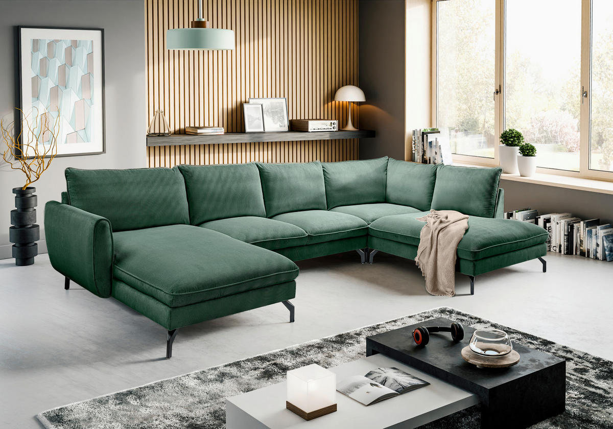 ECKSOFA TORONTO Smaragdgrün Cord  - Smaragdgrün/Schwarz, Basics, Textil/Metall (202/361cm) - MID.YOU