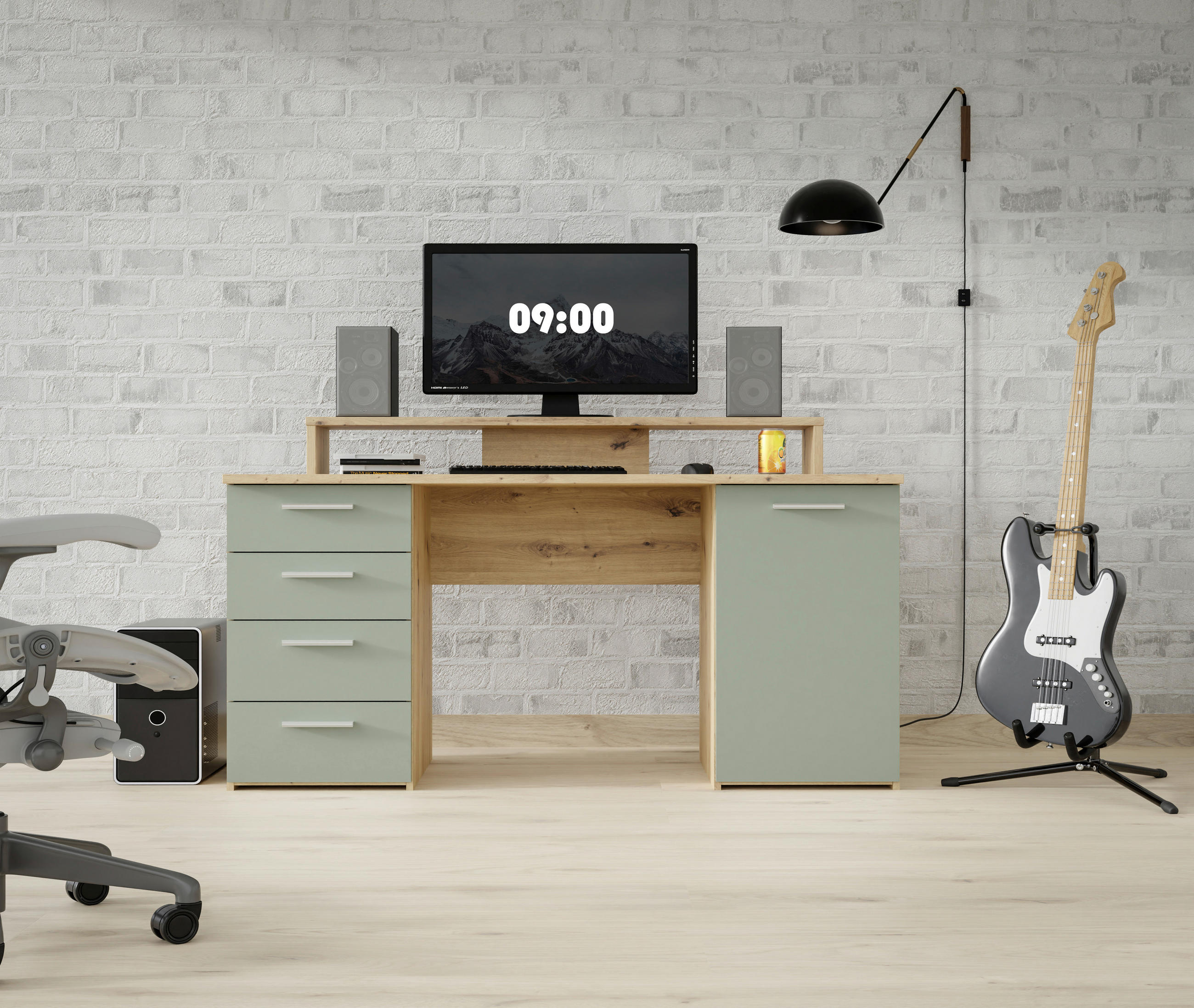 PISALNA MIZA kovina, umetna masa, leseni material barve hrasta, žajbljevo zelena  - barve hrasta/barve aluminija, Moderno, kovina/umetna masa (145/90,7/60cm) - MID.YOU