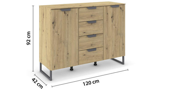 SIDEBOARD  in 120/92/42 cm  - Dunkelgrau/Eiche Artisan, Design, Holzwerkstoff/Metall (120/92/42cm) - Xora