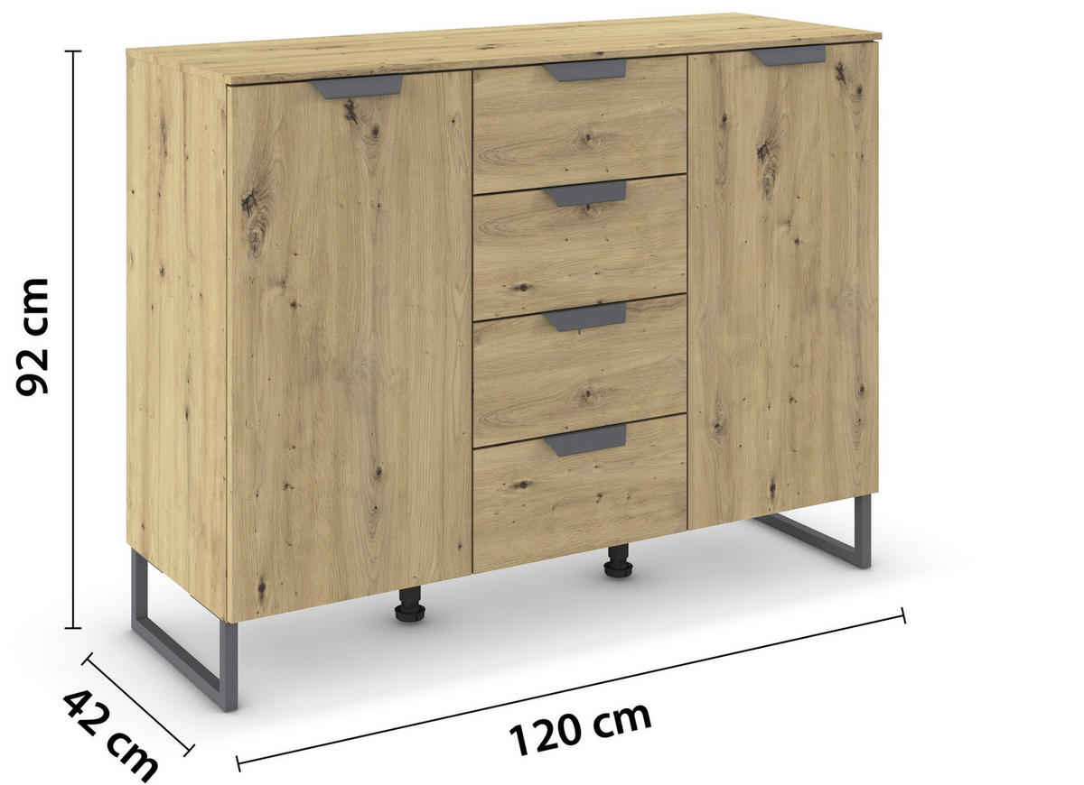 SIDEBOARD  in 120/92/42 cm  - Dunkelgrau/Eiche Artisan, Design, Holzwerkstoff/Metall (120/92/42cm) - Carryhome