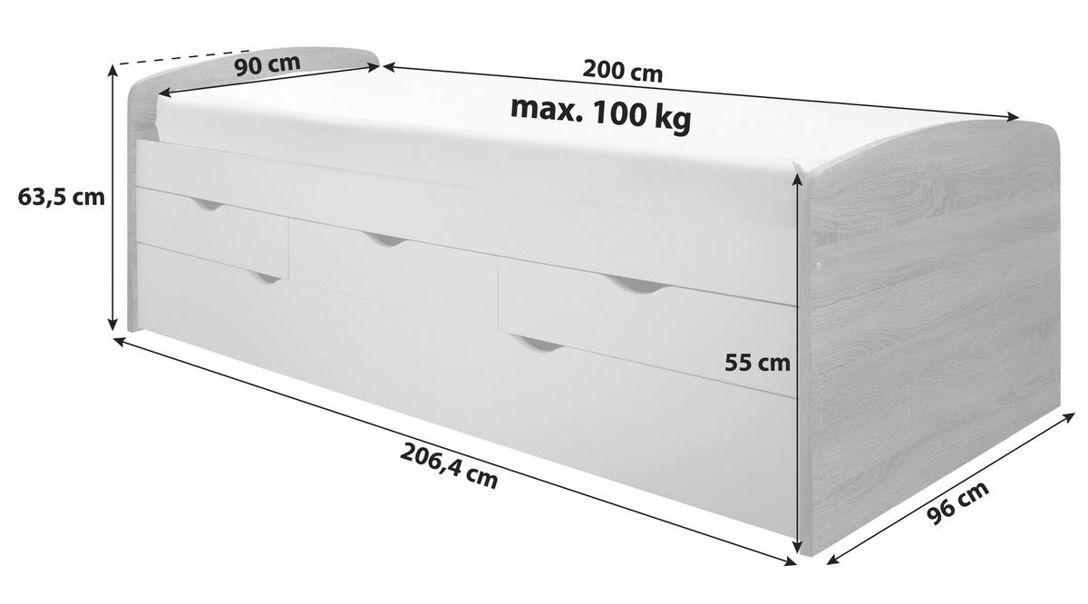 lit gigogne 90/200 cm Weiss, Sonoma Eiche  - noir/chêne sonoma, Basics, matière synthétique/métal (90/200cm) - MID.YOU