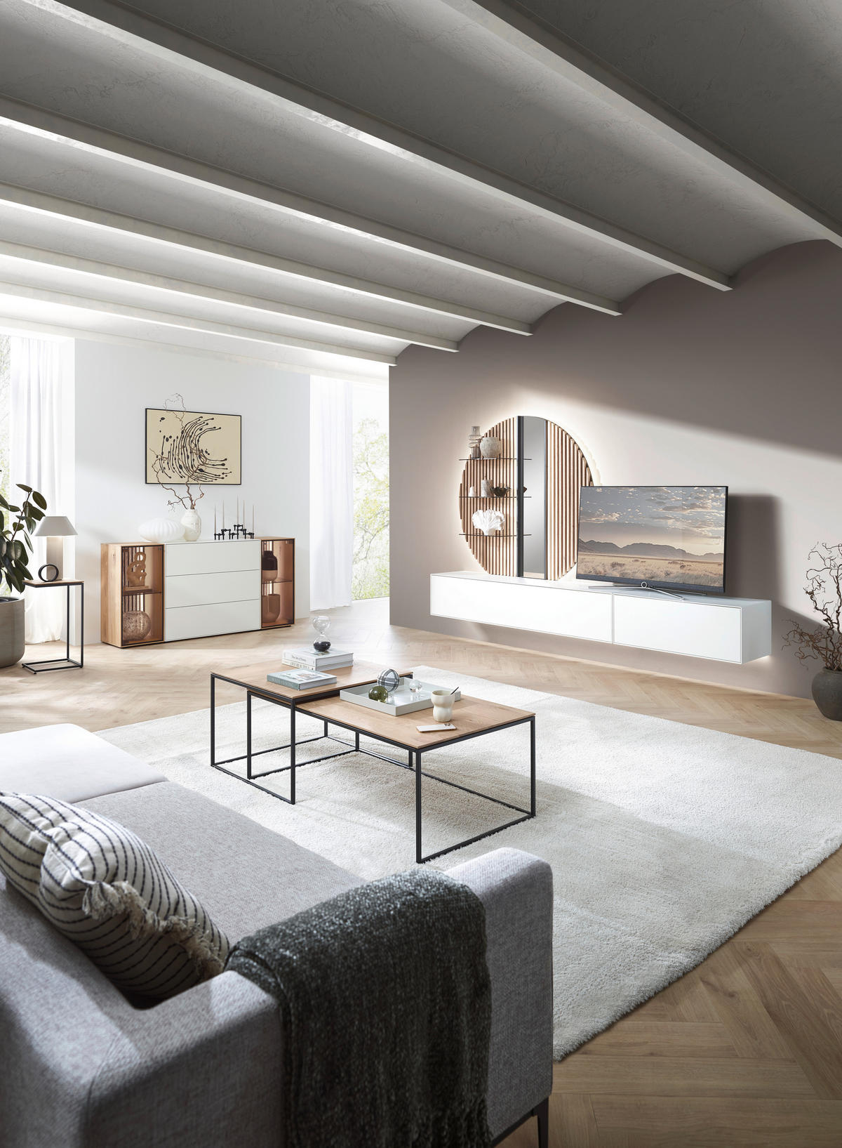 WOHNWAND  in Weiß, Eichefarben  288/206/44 cm  - Eichefarben/Weiß, Design, Glas/Holz (288/206/44cm) - Johann Jakob