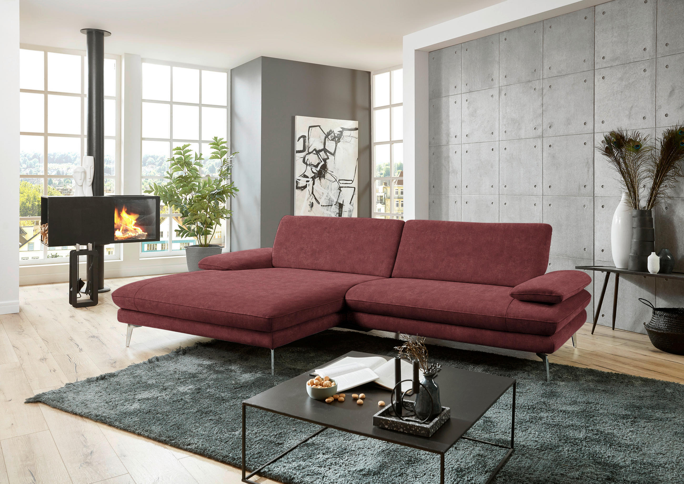 ECKSOFA in Velours Weinrot  - Weinrot/Schwarz, Design, Textil/Metall (184/284cm) - Dieter Knoll