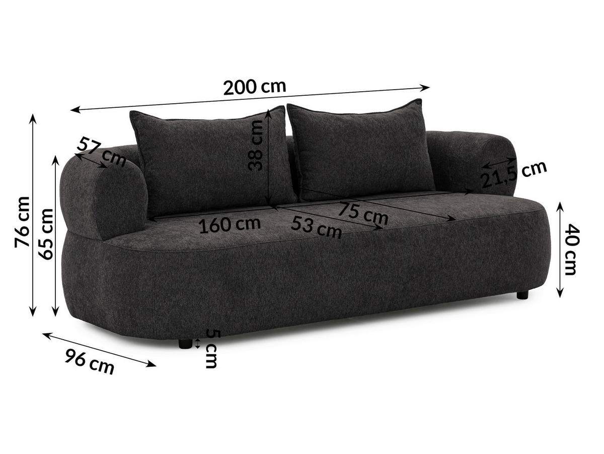 3-SITZER-SOFA in Chenille Schwarz  - Schwarz, Design, Kunststoff/Textil (200/76/96cm) - Livetastic
