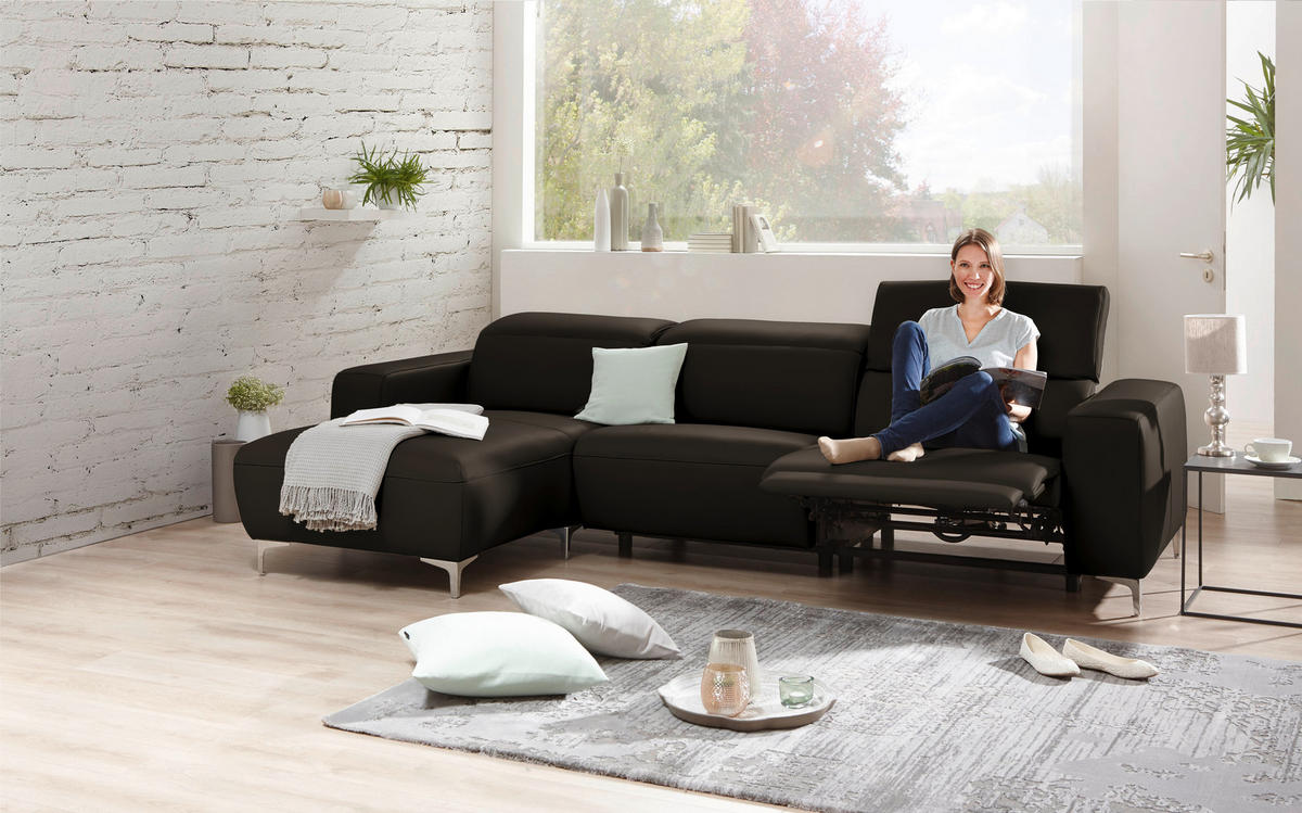 ECKSOFA in Echtleder Schwarz  - Chromfarben/Schwarz, Design, Leder/Metall (177/292cm) - Pure Home Lifestyle