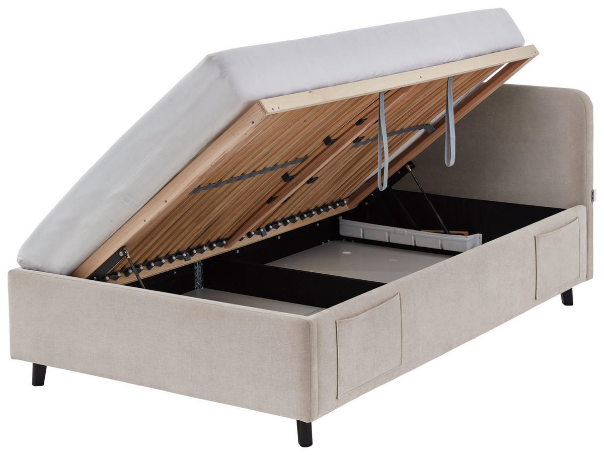 POLSTERBETT 120/200 cm,  in Schwarz, Beige, Lattenrost, Bettkasten, Betttasche,  - Birkefarben/Beige, KONVENTIONELL, Holz/Textil (120/200cm) - Boxxx