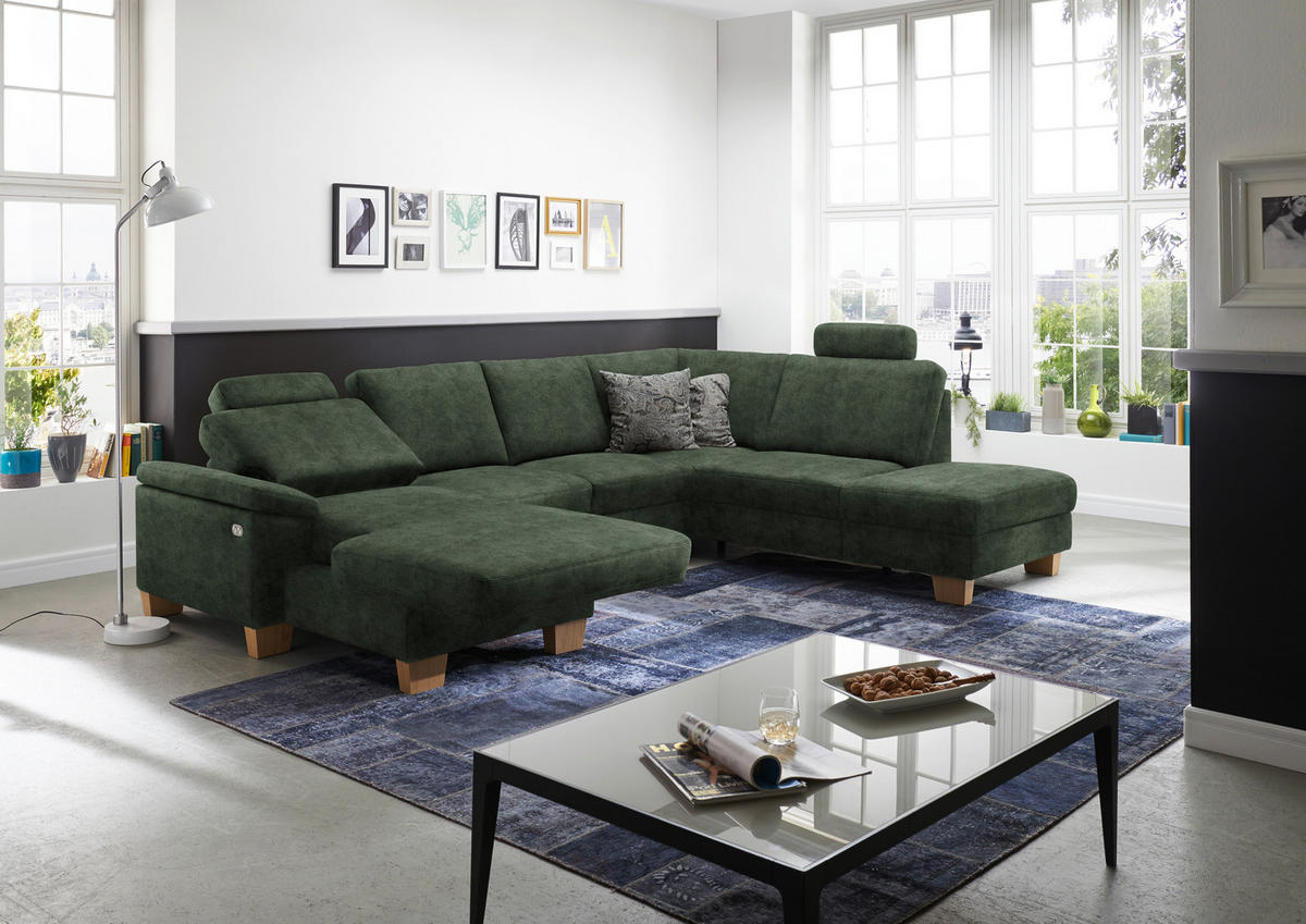 WOHNLANDSCHAFT in Velours Grün  - Eichefarben/Grün, KONVENTIONELL, Holz/Textil (167/316/235cm) - Beldomo System