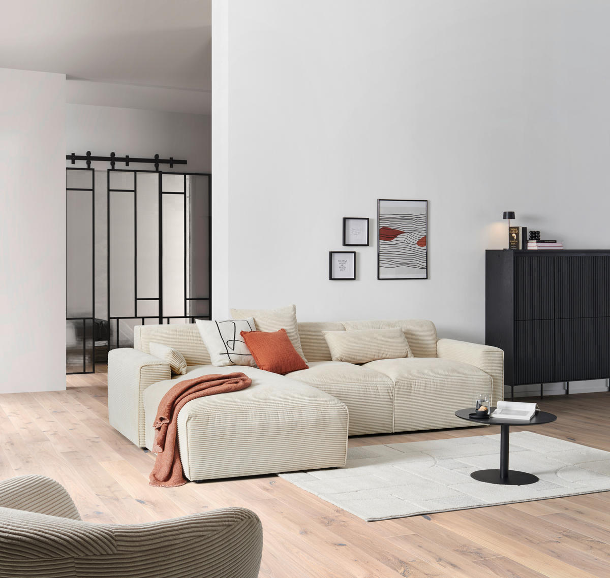 ECKSOFA in Cord Beige  - Beige/Schwarz, Design, Kunststoff/Textil (196/303cm) - Livetastic