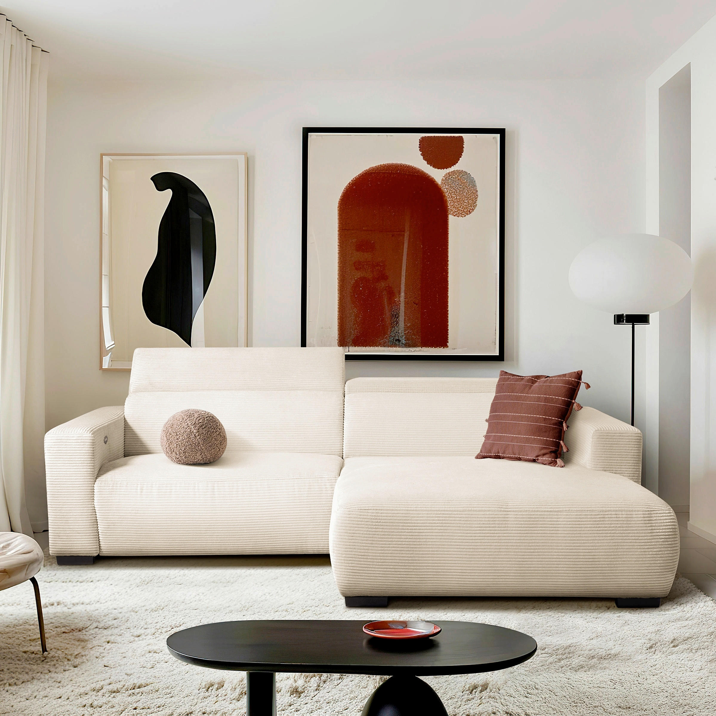 ECKSOFA RENO Beige Cord Relaxfunktion, Kopfteilverstellung  - Beige/Schwarz, Design, Kunststoff/Textil (248/184cm) - Livetastic