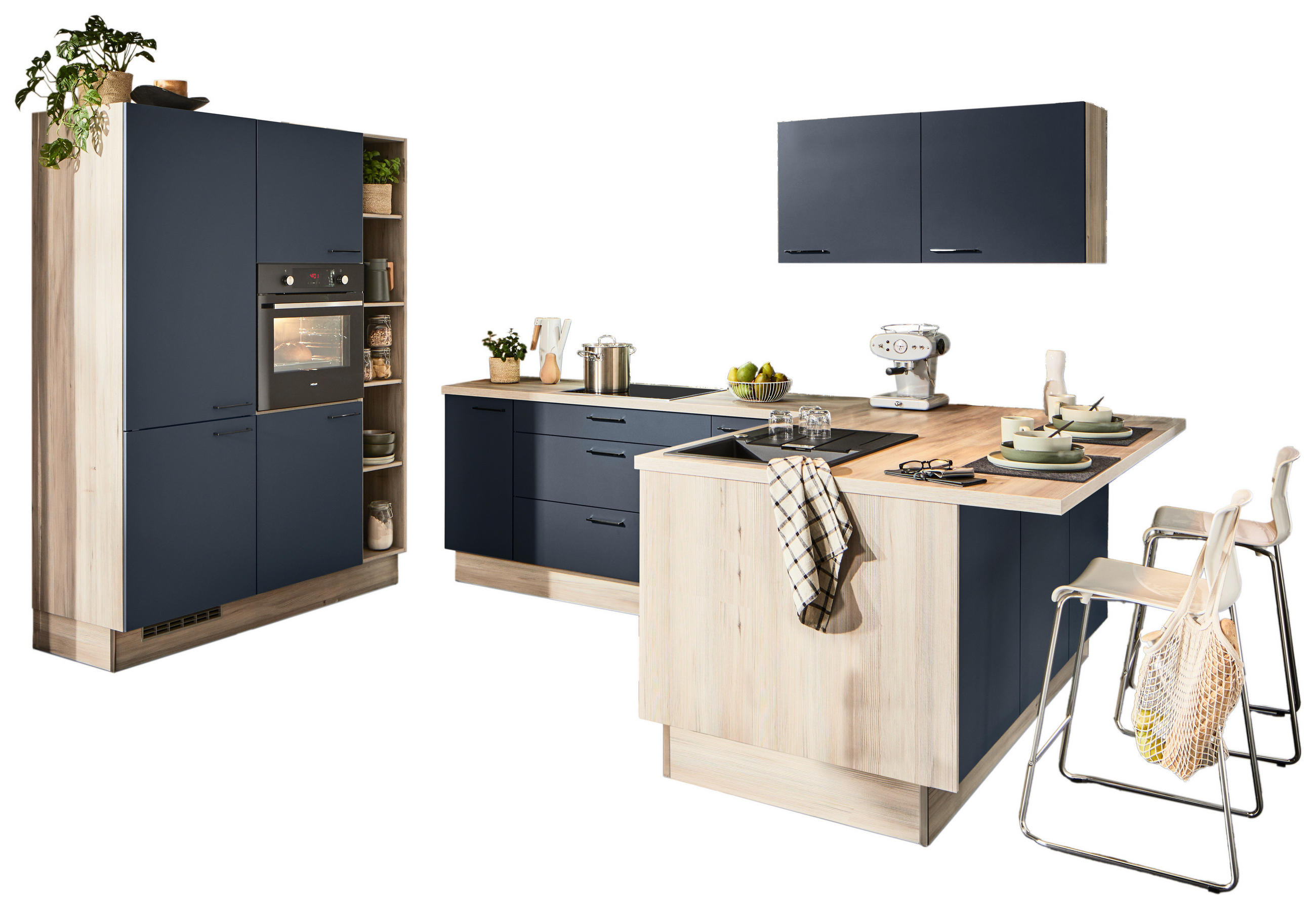 ECKKÜCHE XO 21  in Blau, Eichefarben  - Blau/Eichefarben, Design, Holzwerkstoff/Metall (150/280/192cm) - Xora