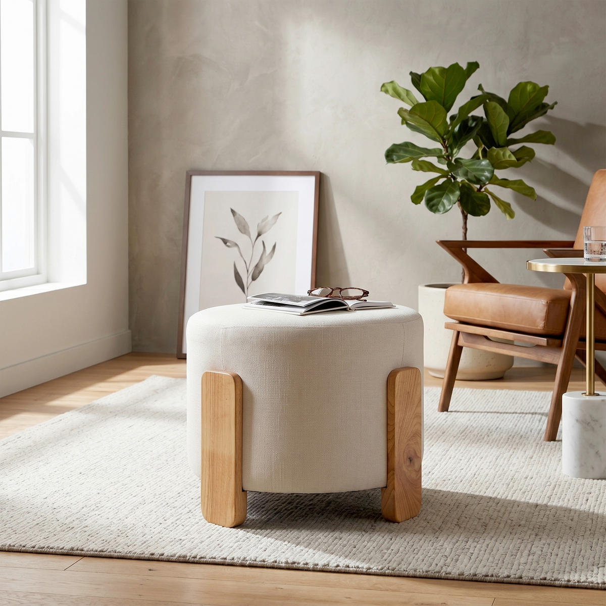 POUF 52.5/43/52.5 cm  - Hellbraun/Weiß, Design, Holz/Textil (52.5/43/52.5cm) - Livetastic