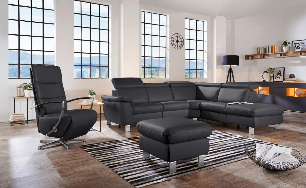 ECKSOFA in Echtleder Schwarz  - Alufarben/Schwarz, Design, Leder/Metall (271/239cm) - Cantus