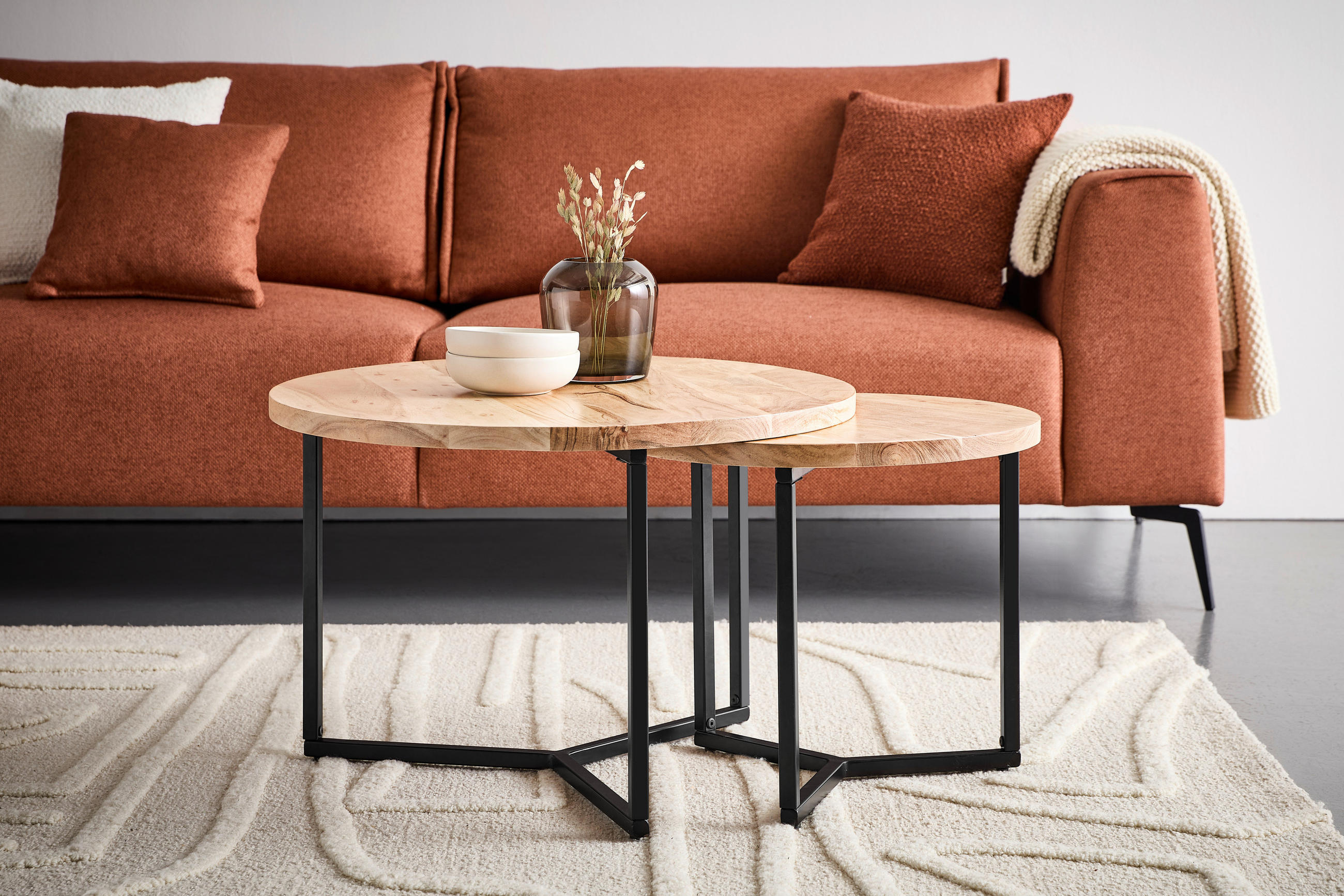 COUCHTISCHSET Akazie vollmassiv rund Naturfarben  - Naturfarben, Design, Holz/Metall (70/50/70/50/45/42cm) - Livetastic