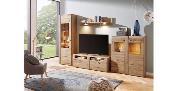 VITRINE Eiche furniert, massiv Eichefarben - Eichefarben/Alufarben, KONVENTIONELL, Glas/Holz (65/205/38cm) - Voleo