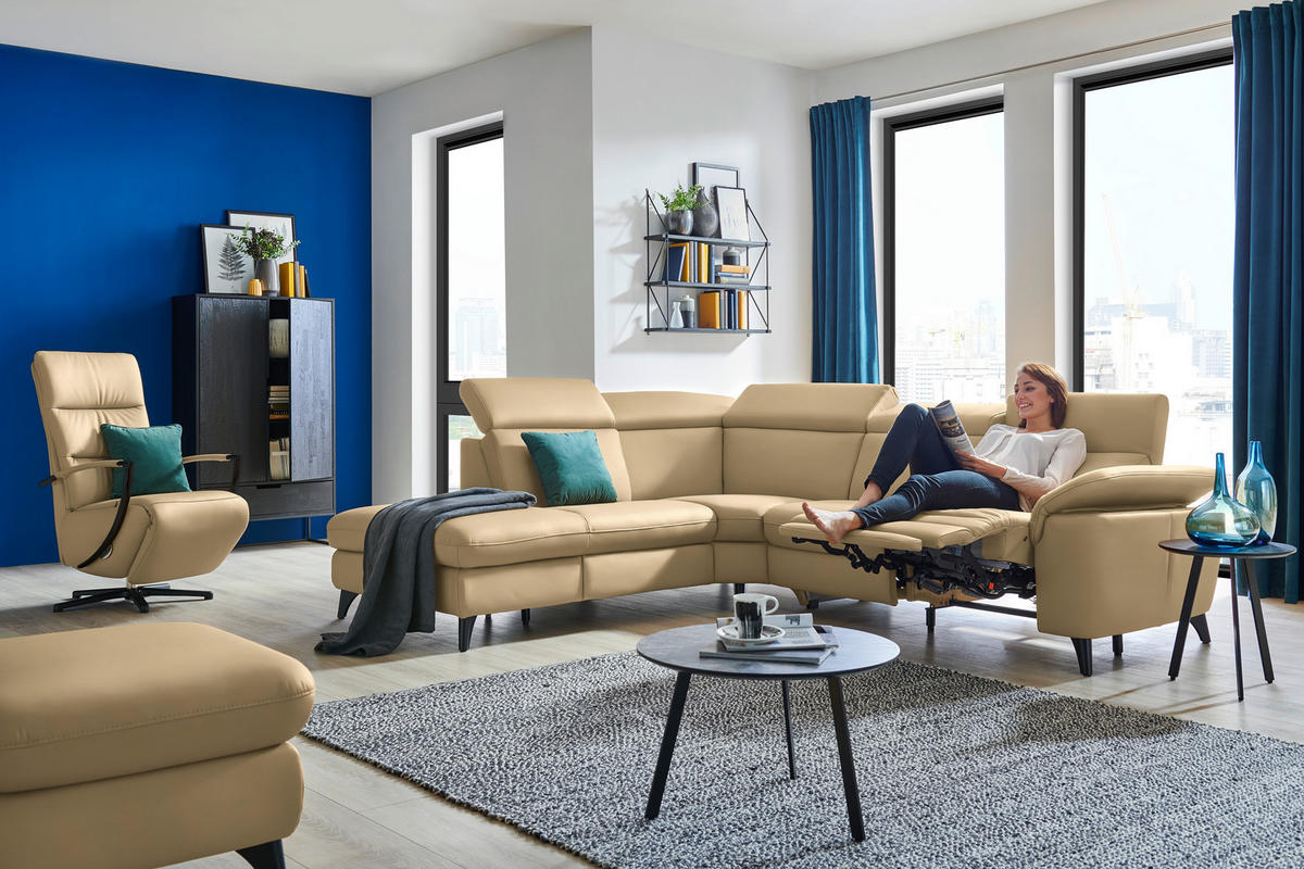 ECKSOFA in Echtleder Hellbraun  - Hellbraun/Schwarz, Design, Leder/Metall (239/285cm) - Cantus