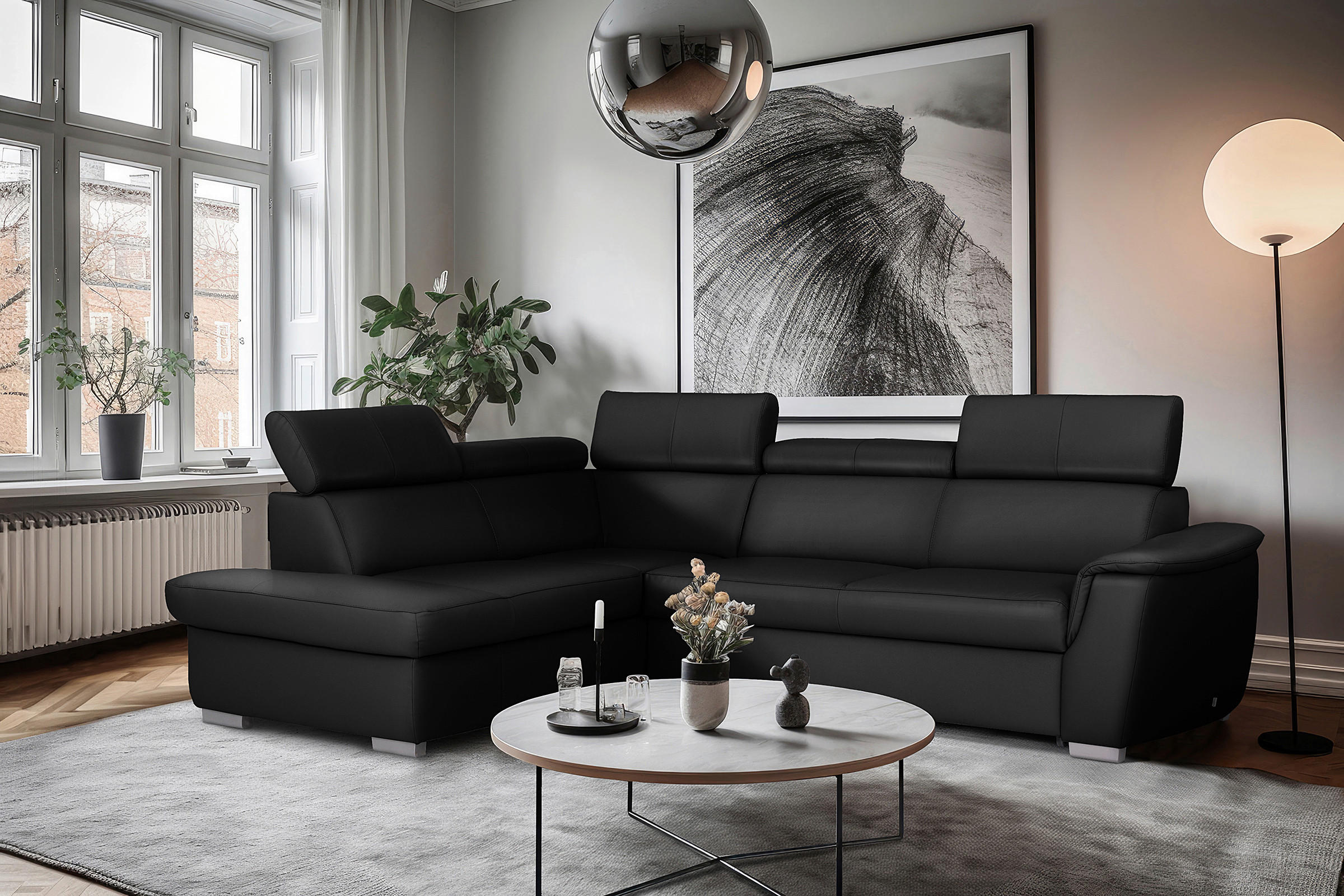 WOHNLANDSCHAFT  in Kombination Echtleder/Lederlook Schwarz  - Schwarz, Leder/Metall (211/262cm) - Celina Home