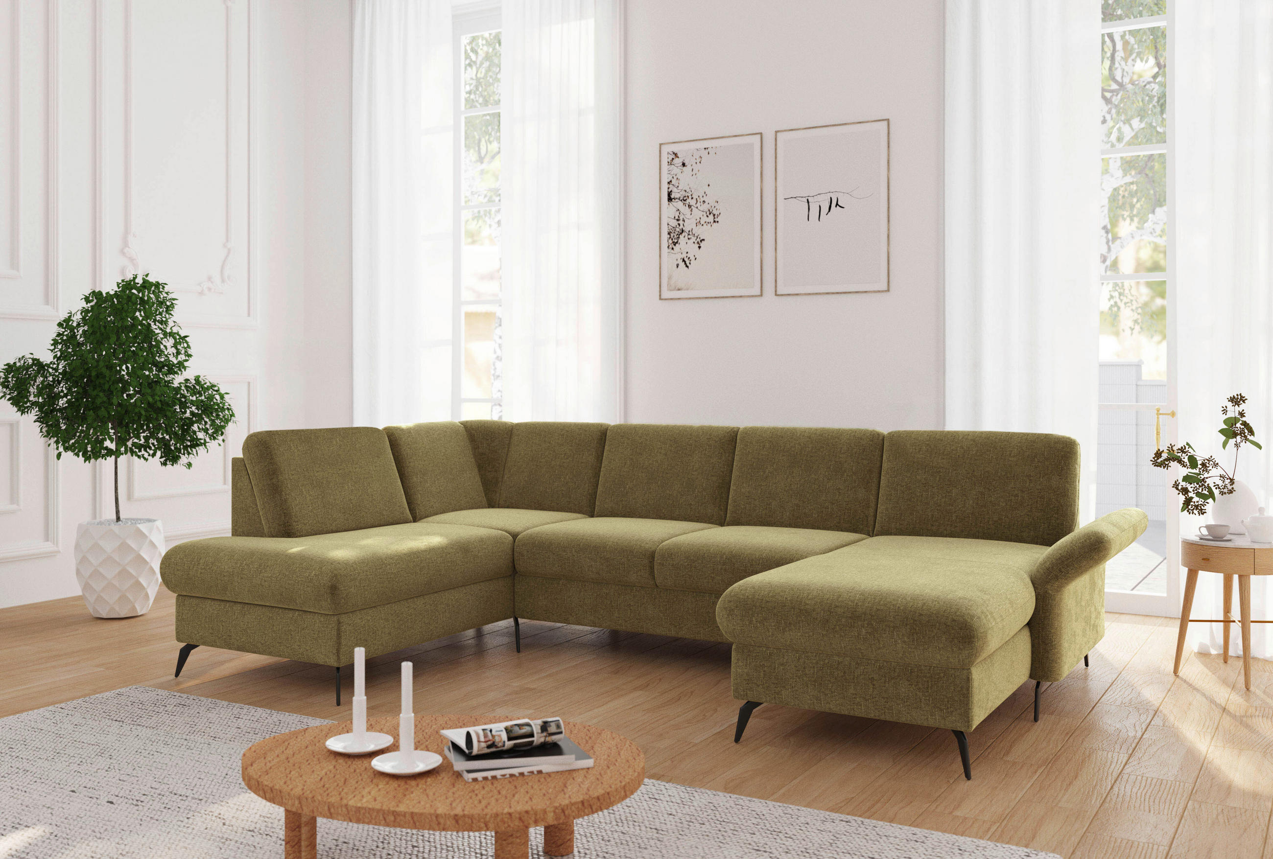 WOHNLANDSCHAFT ROCHELLE E Olivgrün Flachgewebe  - Schwarz/Olivgrün, KONVENTIONELL, Textil/Metall (195/314/164cm) - Sit & More