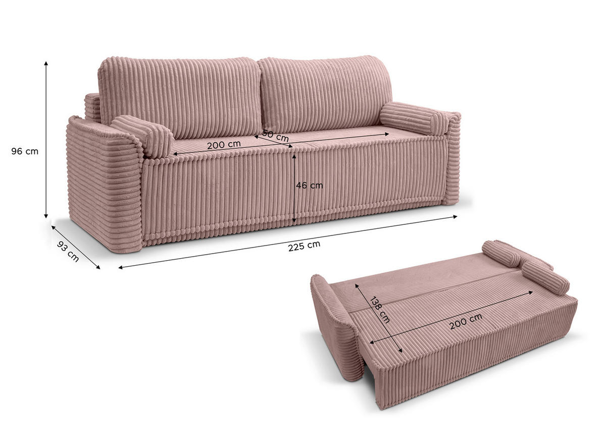 SCHLAFSOFA GRUBS  mit Cord Rosa  - Schwarz/Rosa, Basics, Kunststoff/Textil (225/96/93cm) - MID.YOU