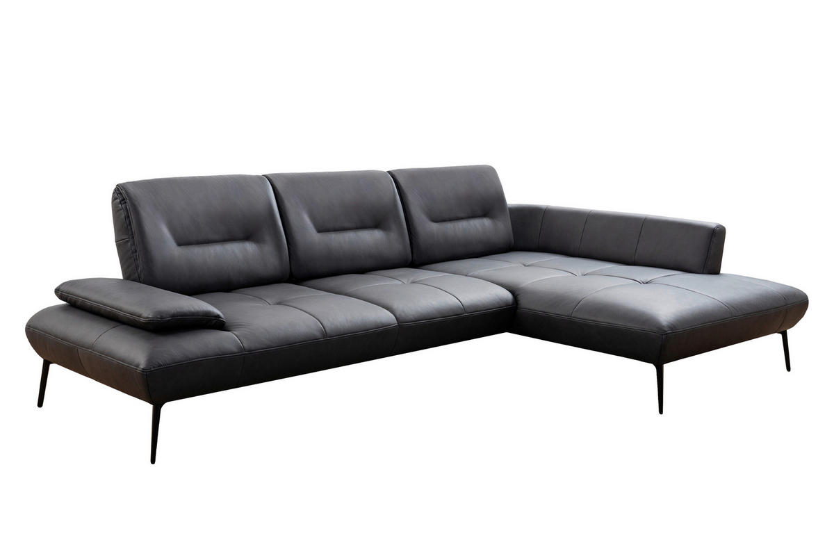 ECKSOFA Anthrazit Echtleder Rücken echt, Sitztiefenverstellung  - Anthrazit/Schwarz, Design, Leder/Metall (320/190cm) - Moderano