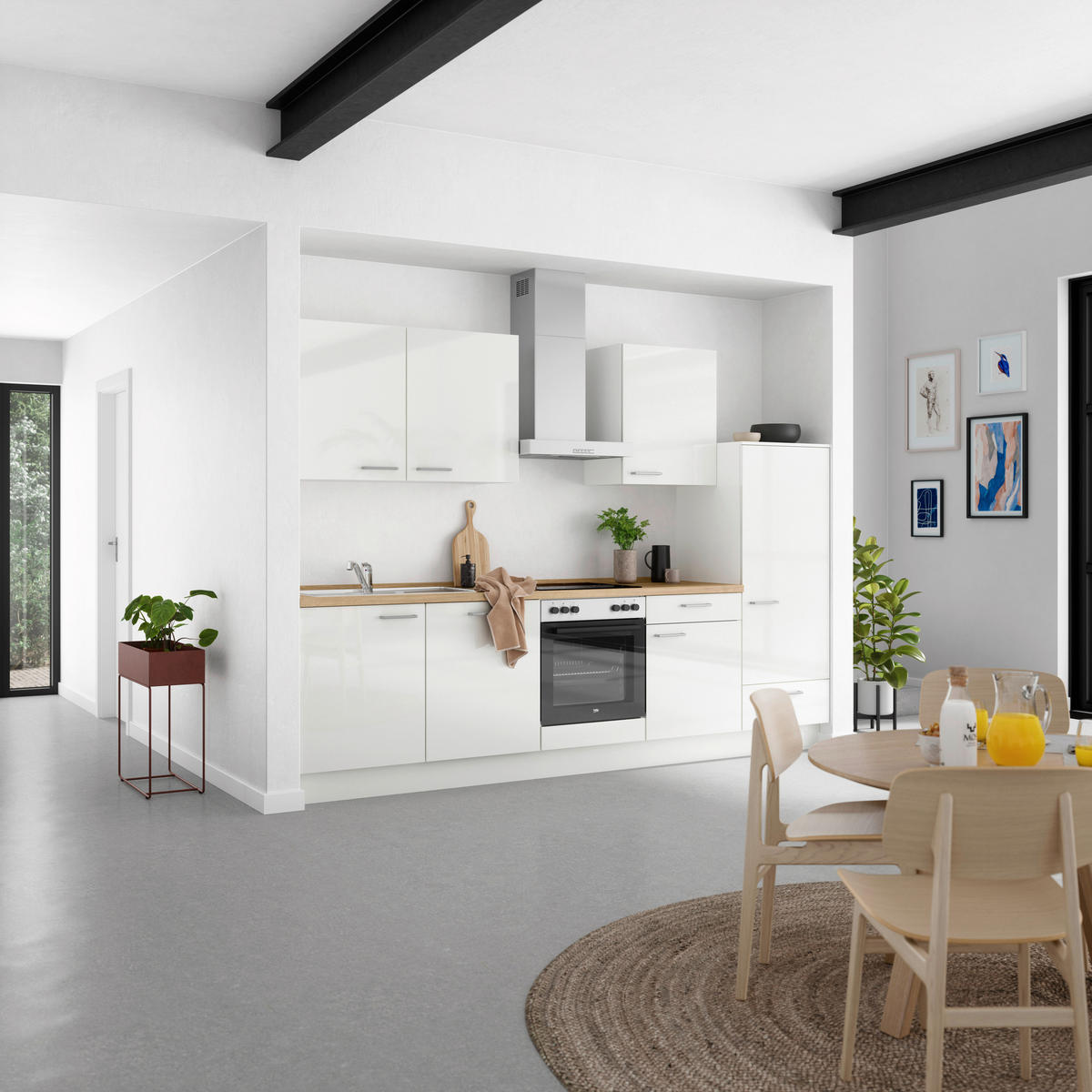 KÜCHENLEERBLOCK 300 cm   in Eichefarben, Weiß Hochglanz  - Edelstahlfarben/Eichefarben, MODERN, Holzwerkstoff/Metall (300cm) - Nobilia