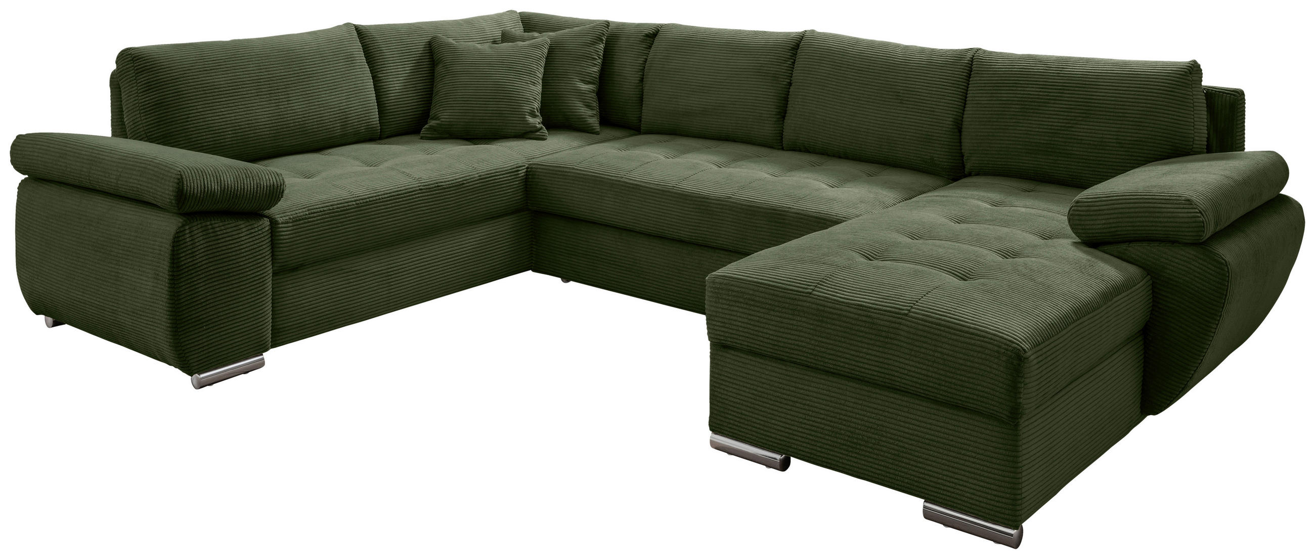 Wohnlandschaft in Cord Dunkelgrün  - Chromfarben/Dunkelgrün, KONVENTIONELL, Textil/Metall (219/305/157cm) - Livetastic