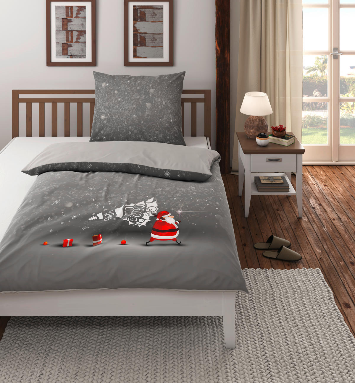 OBOJESTRANSKA POSTELJNINA Christmas Collection 140/200 cm saten siva  - siva, Basics, tekstil (140/200cm) - X-Mas