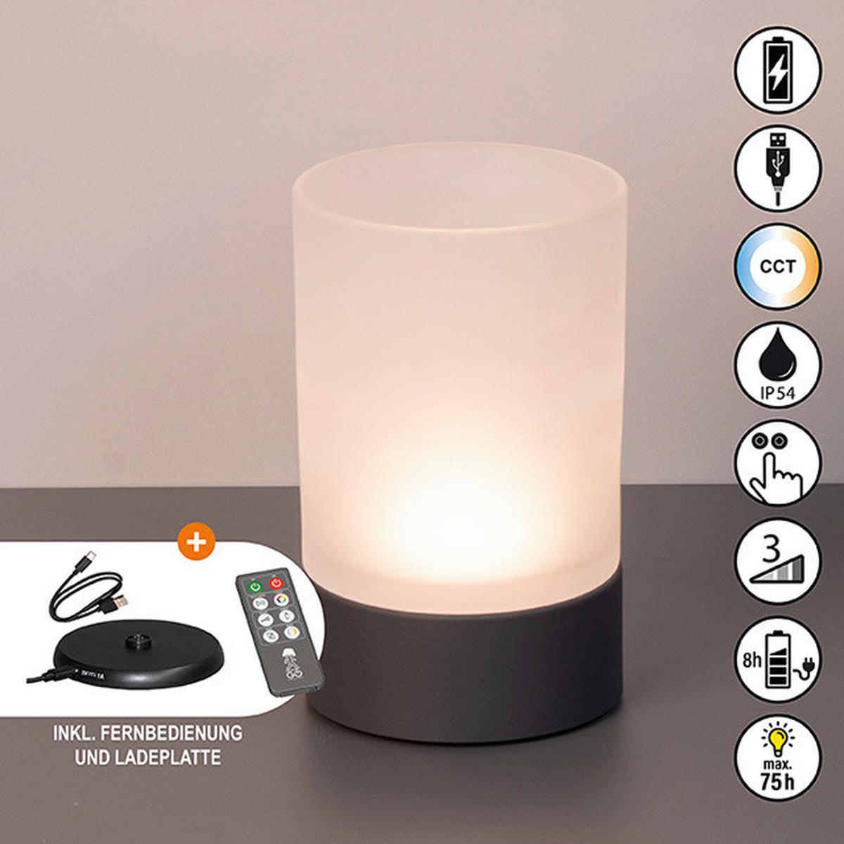 AKKU-TISCHLEUCHTE Ariva Pro 12/20 cm  - Hellgrau/Weiß, Design, Glas/Metall (12/20cm)