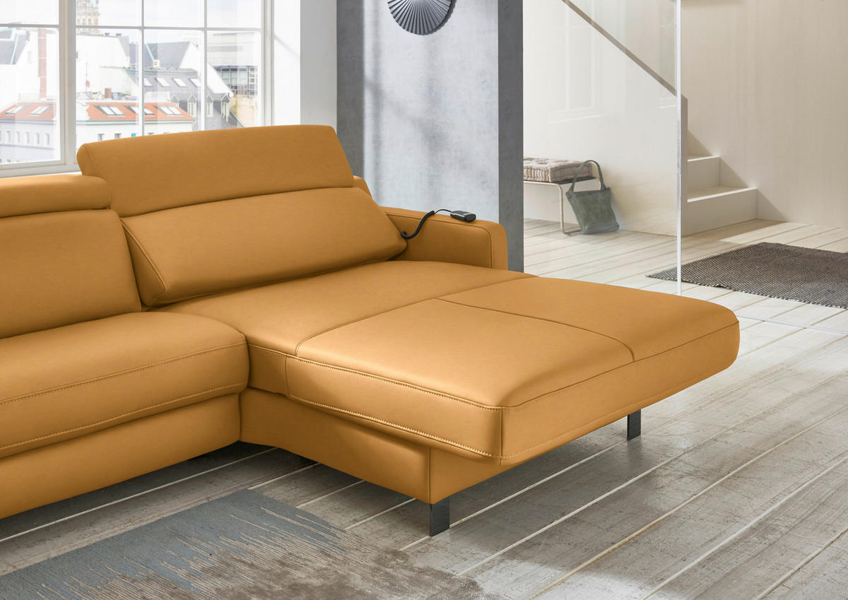 ECKSOFA in Echtleder Currygelb  - Currygelb/Schwarz, Design, Leder/Metall (291/176cm) - Valdera