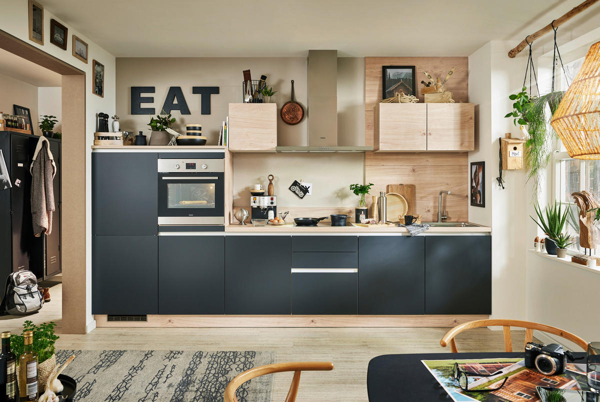 KÜCHENLEERBLOCK 360 cm   in Schwarz, Eichefarben  - Edelstahlfarben/Eichefarben, MODERN, Holzwerkstoff/Metall (360cm) - Welnova