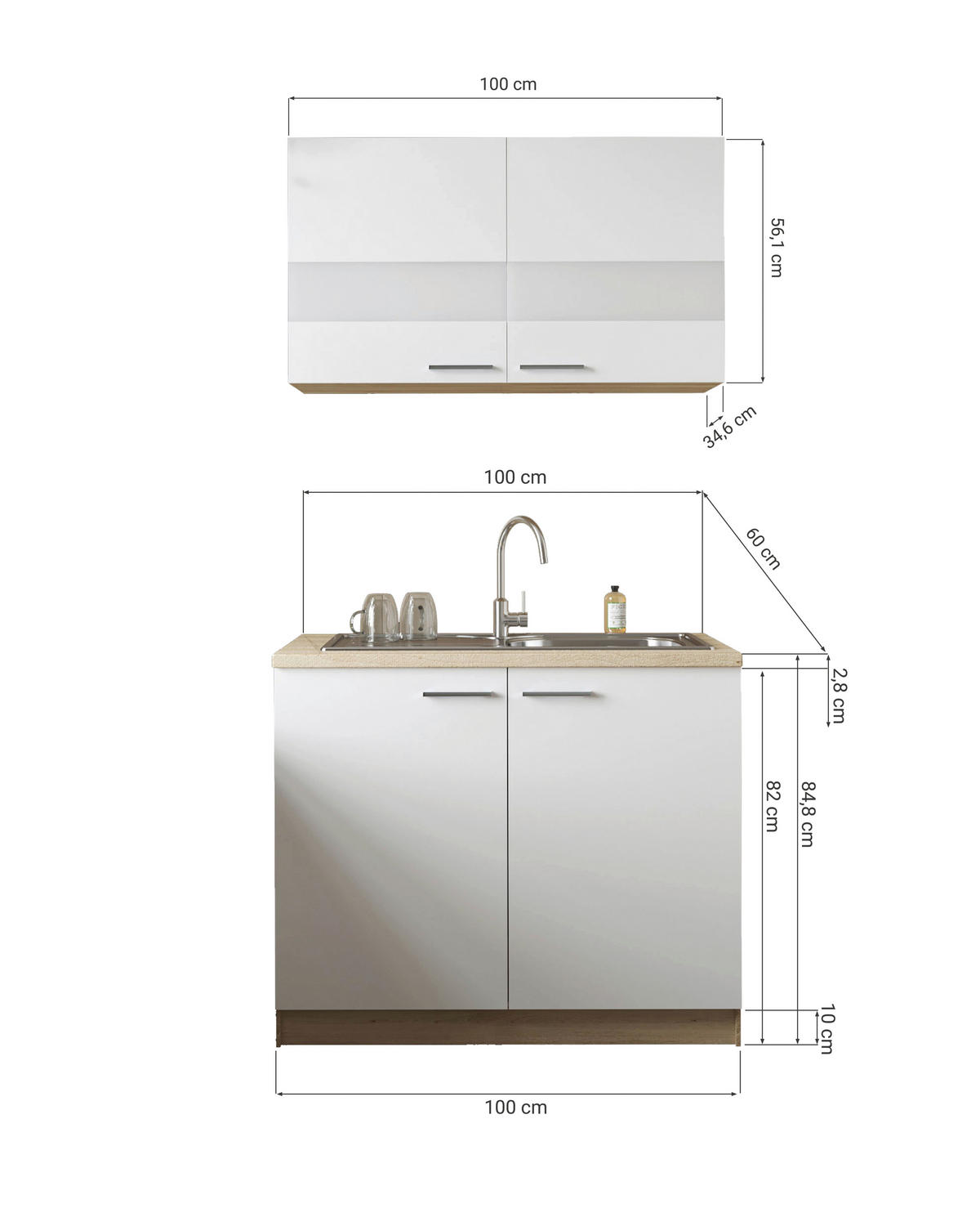 MINIKÜCHE 100 cm   in Weiß, Eichefarben  - Eichefarben/Silberfarben, Basics, Glas/Holzwerkstoff (100cm) - Respekta