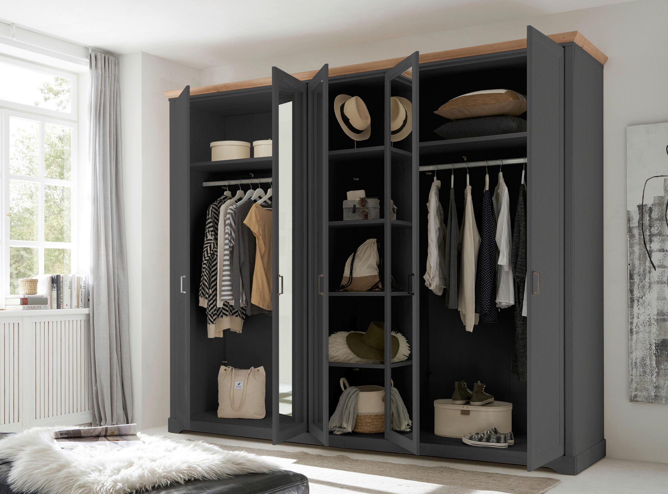 Thumbnail - Ti'me Drehtürenschrank, Graphit, Eiche Artisan, Metall, 6 Fächer, 264x220x64 cm, Schlafzimmer, Kleiderschränke, Drehtüre...