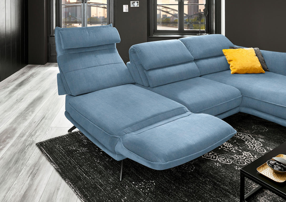 ECKSOFA in Velours Hellblau  283/153 cm  - Schwarz/Hellblau, Design, Textil/Metall (283/153cm) - Valdera