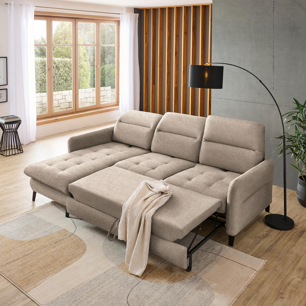 ECKSOFA Beige Flachgewebe  - Beige/Schwarz, KONVENTIONELL, Textil/Metall (190/254cm) - Livetastic