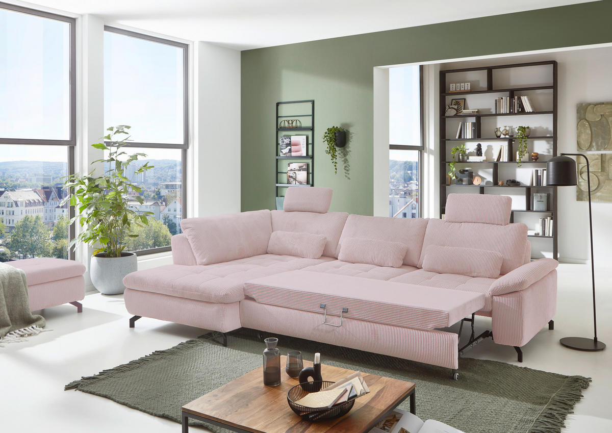 ECKSOFA in Cord, Velours Altrosa  - Schwarz/Altrosa, Design, Textil/Metall (197/291cm) - Beldomo Style