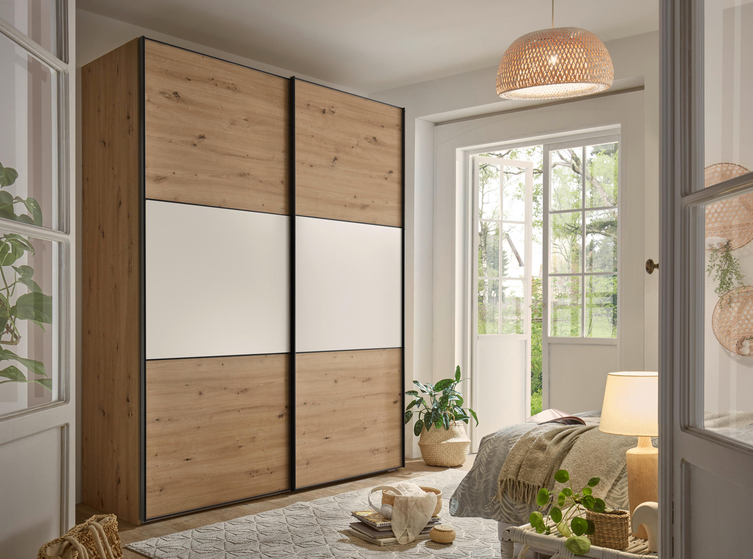 SCHWEBETÜRENSCHRANK 225/222/68 cm 2-türig Weiß, Eiche Artisan  - Schwarz/Weiß, Holzwerkstoff/Metall (225/222/68cm) - Moderano