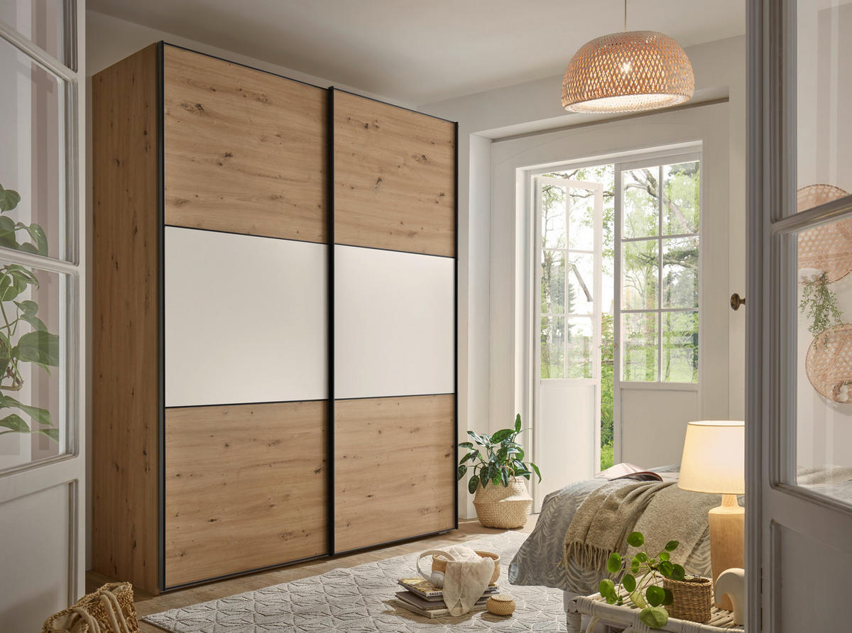 SCHWEBETÜRENSCHRANK 225/222/68 cm 2-türig Weiß, Eiche Artisan  - Schwarz/Weiß, Holzwerkstoff/Metall (225/222/68cm) - Moderano