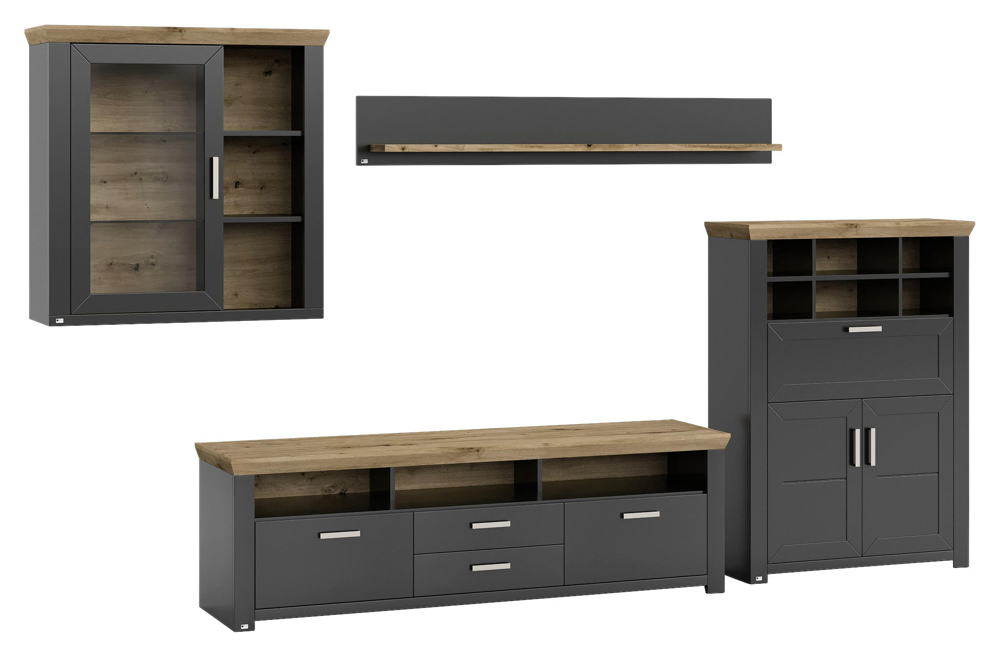 Thumbnail - SetOne by Musterring Wohnwand, Graphit, Eiche Artisan, Metall, 3,5 Fächer, 4 Schubladen, 374x207x51.2 cm, Beimöbel erhäl...