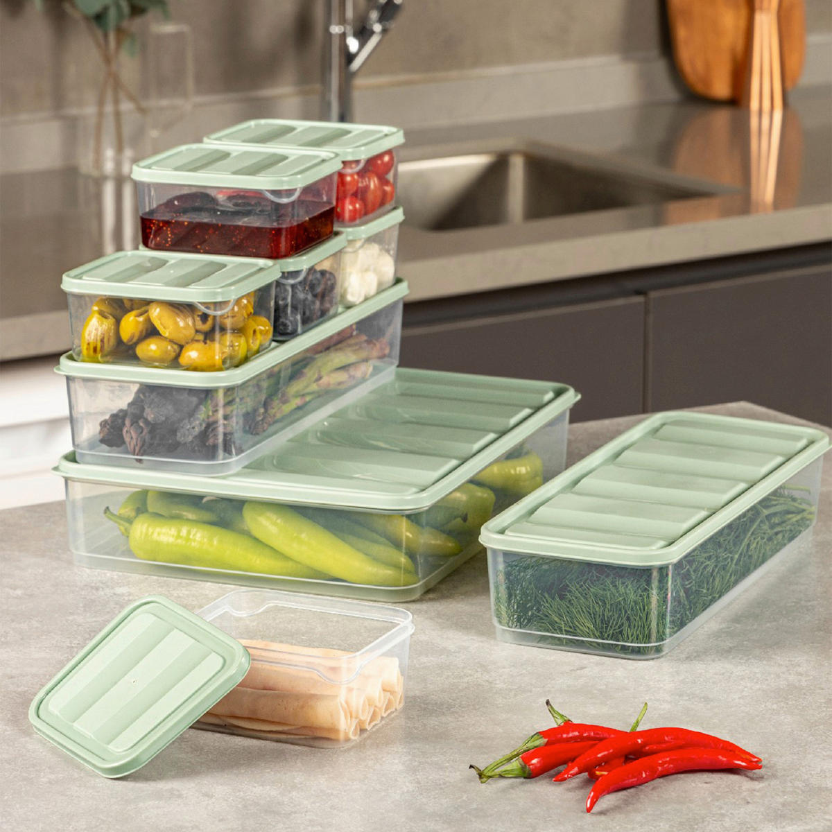 VORRATSDOSENSET 9-teilig  - Transparent/Mintgrün, Basics, Kunststoff (11/7/30cm)